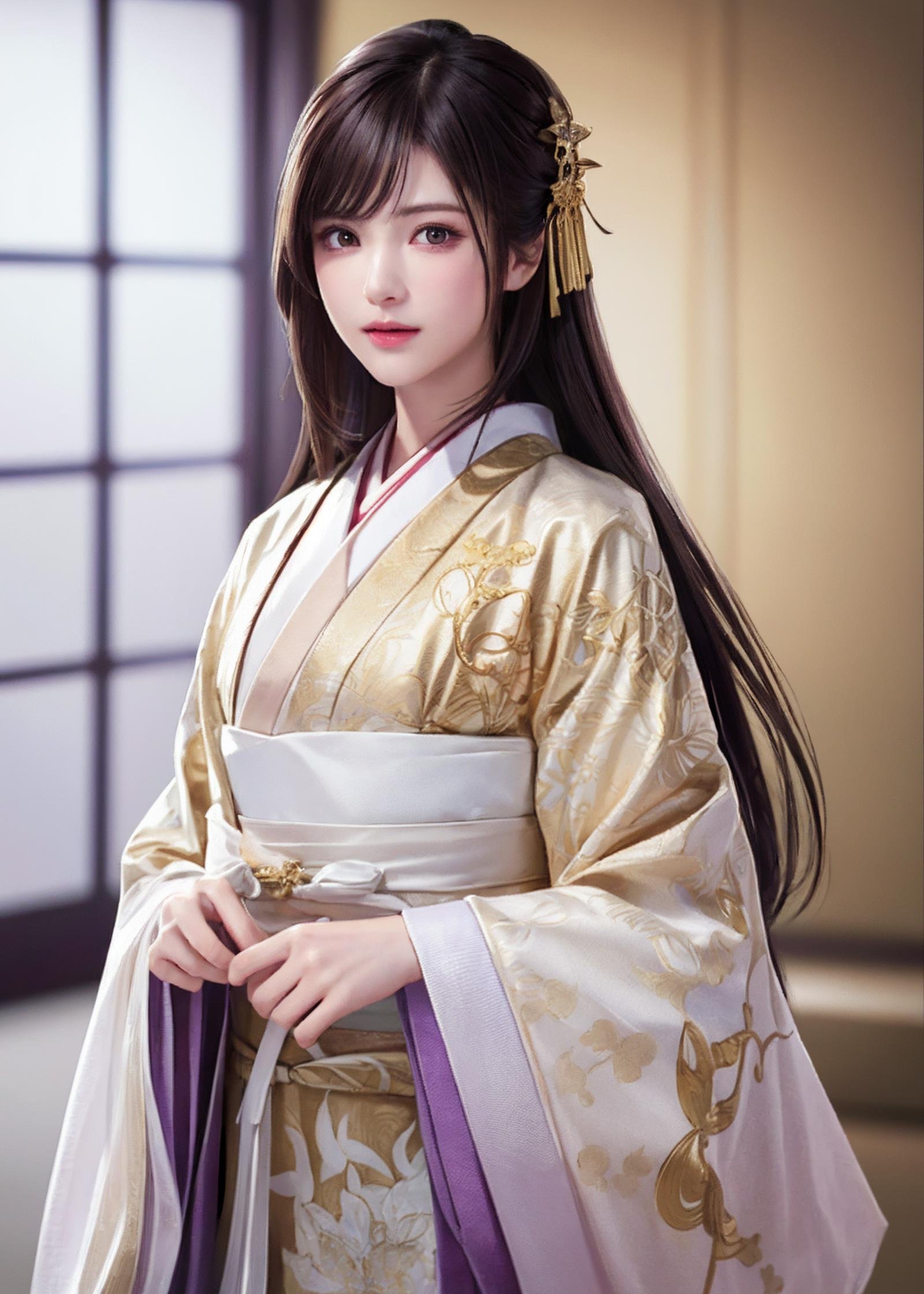 (8k, RAW photo, best quality, highres:1.2), (realistic, photo-realistic:1.37) , japanese female, japanese, letterboxed, solo, 1girl, long_hair, japanese_clothes, black_hair, purple and golden kimono, brown_eyes, (pale skin:1.2), [anger]