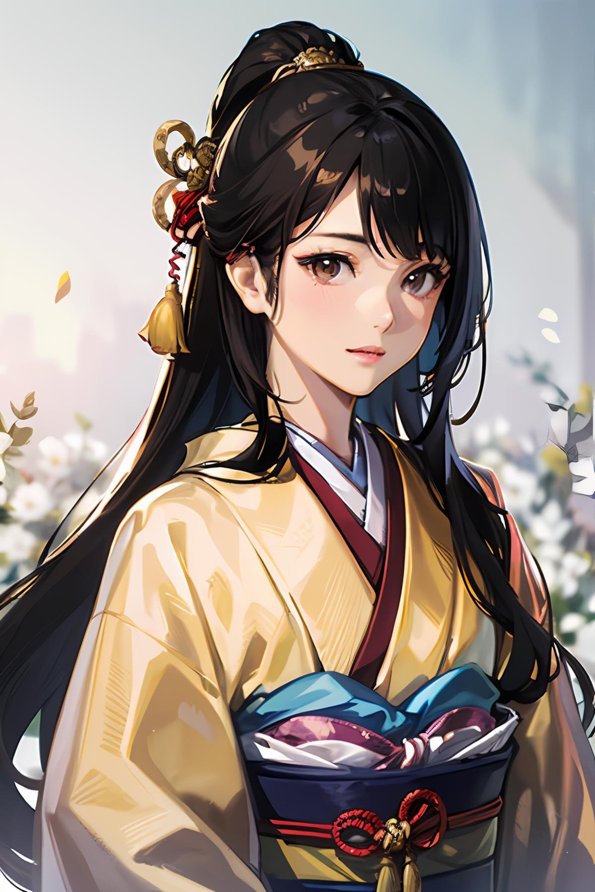 (8k, RAW photo, best quality, highres:1.2), (realistic, photo-realistic:1.37) , Japanese female, Japanese, letterboxed, solo, 1girl, long_hair, Japanese clothes, black_hair, purple and golden kimono, brown_eyes, (white skin:1.2), hime_cut,