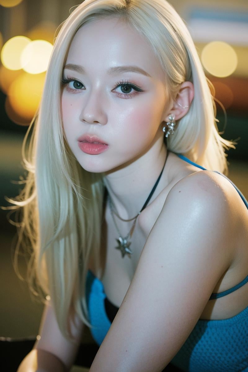 (best quality, masterpiece, highres, high quality), 1girl, solo, blonde hair, earrings, long hair, lips, (looking at viewer), parted lips, long eyelashes, eye focus, bokeh, smooth skin