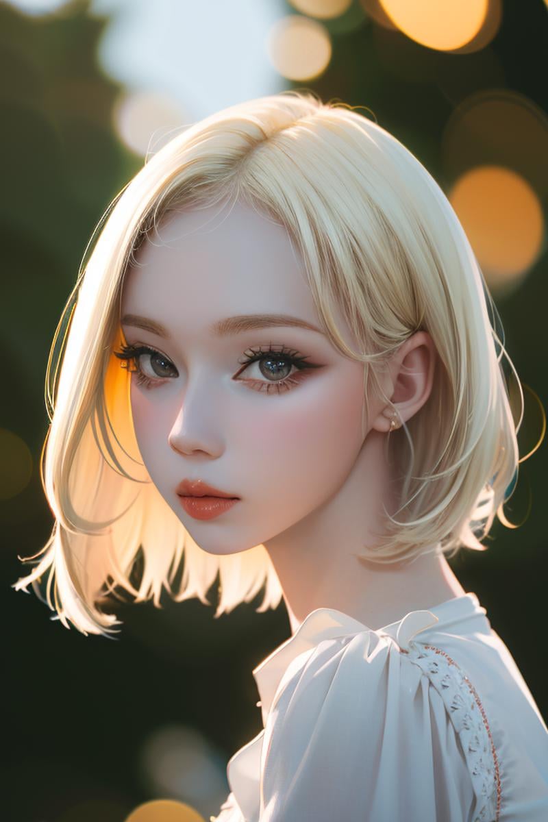 (best quality, masterpiece, highres, high quality), (looking at viewer:1.5), realistic, 1girl, solo, lips, parted lips, long eyelashes, blonde hair, eye focus, bokeh, smooth skin