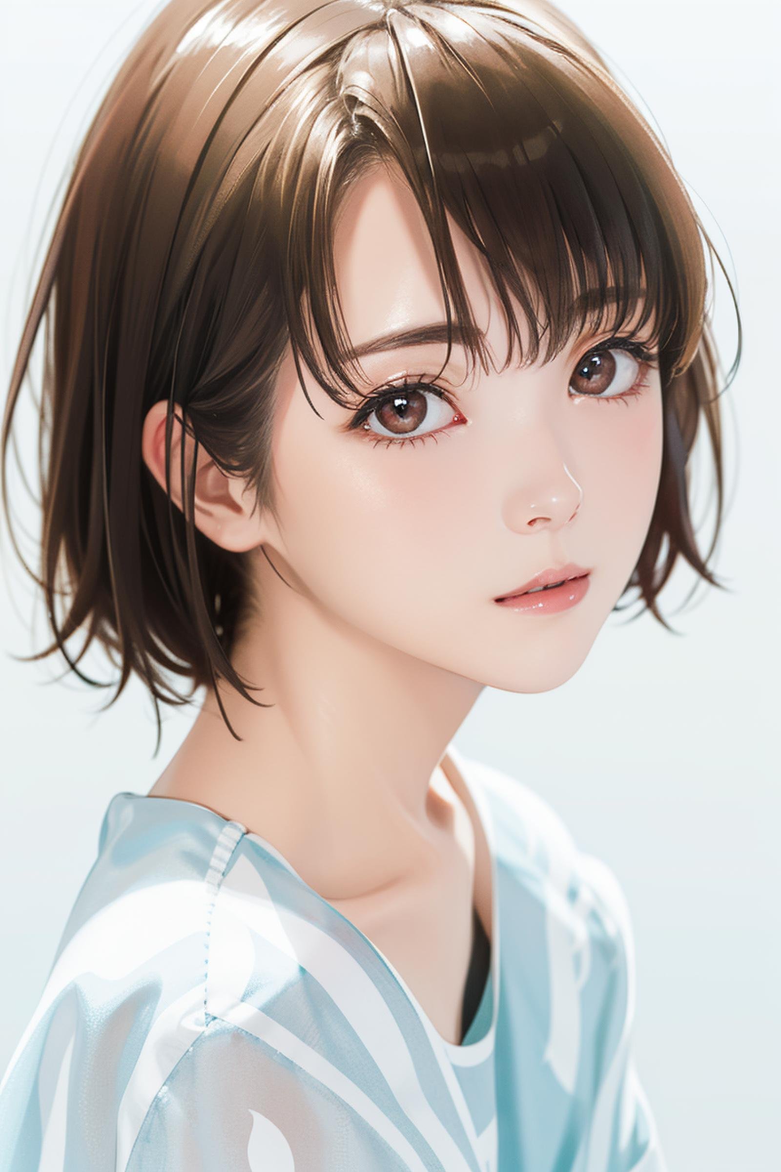 best quality, absurdres, masterpiece,1girl, brown eyes, close-up, Delicate facial features, simple background, looking at viewer, parted lips, Ayanami Rei