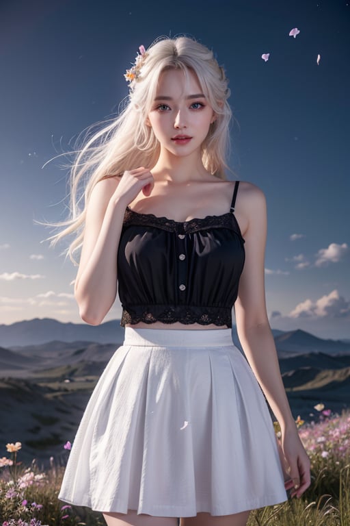 masterpiece, best quality, 1girl, (colorful),(finely detailed beautiful eyes and detailed face),cinematic lighting,bust shot,extremely detailed CG unity 8k wallpaper,white hair,solo,smile,intricate skirt,((flying petal)),(Flowery meadow) sky, cloudy_sky, building, moonlight, moon, night, (dark theme:1.3), light, fantasy