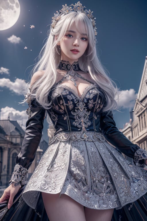 masterpiece, best quality, 1girl, (colorful),(finely detailed beautiful eyes and detailed face),cinematic lighting,bust shot,extremely detailed CG unity 8k wallpaper,white hair,solo,smile,intricate skirt,((flying petal)),(Flowery meadow) sky, cloudy_sky, building, moonlight, moon, night, (dark theme:1.3), light, fantasy