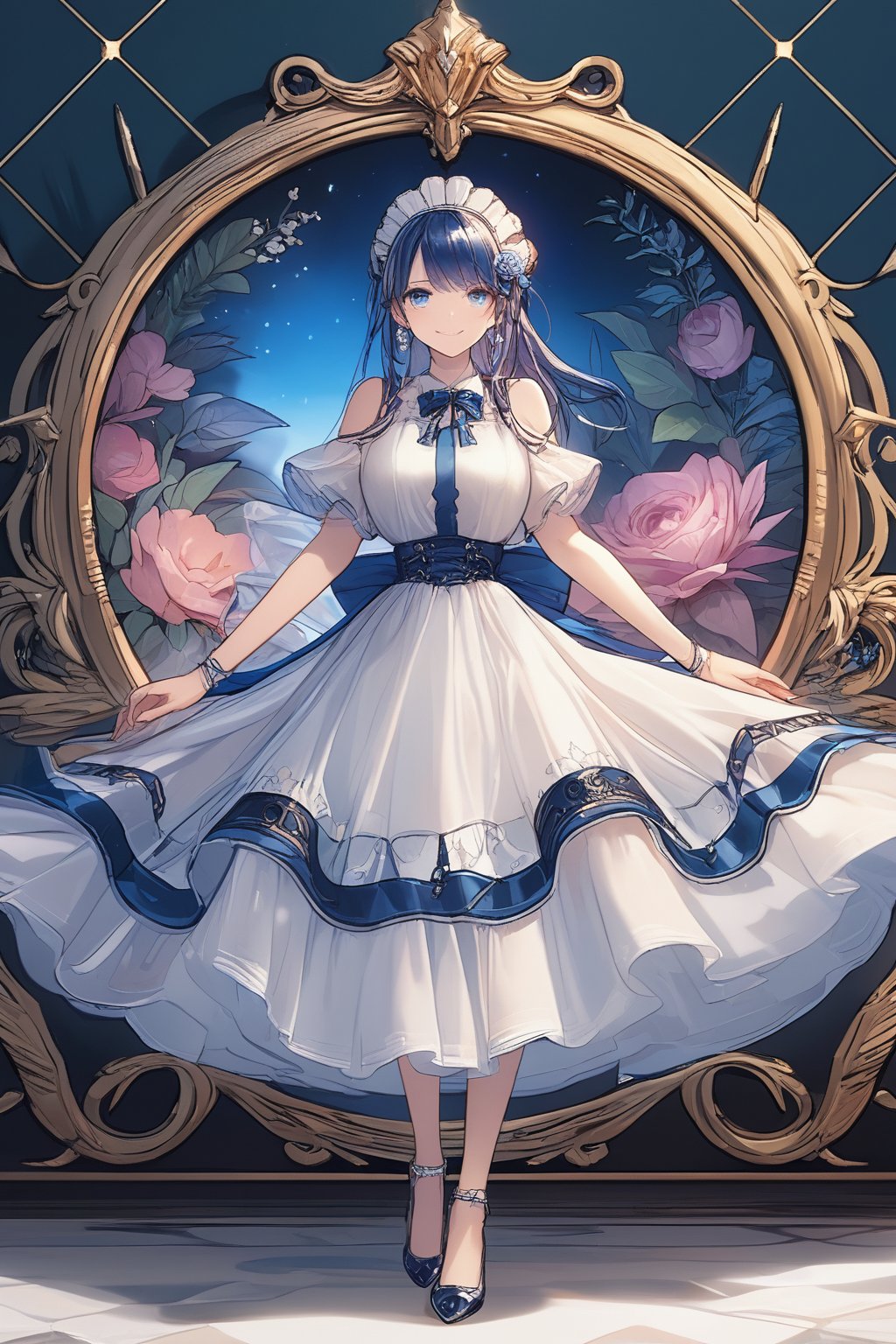 Masterpiece, beautiful details, perfect focus, uniform 8K wallpaper, high resolution, detailed texture, one girl, solo, long hair, looking at viewer, smiling, happy, bangs, blue eyes, hair ornament, off Shoulder dress, bow, closed mouth, blue hair, standing , full body, flowers, frills, hair flowers, white dress, see-through, maid headdress, blue ribbon, hands together, white flowers, blue flowers, long dress
