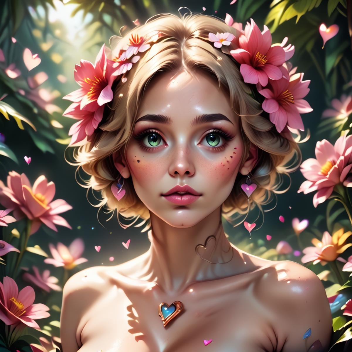 score_9, score_8_up, score_7_up, score_6_up, score_5_up, score_4_up, valentinenaturestyle,  <lora:valentine_nature_style_pony-36:0.6> 1girl,portrait,flowers in hair,petals,nature,hearts