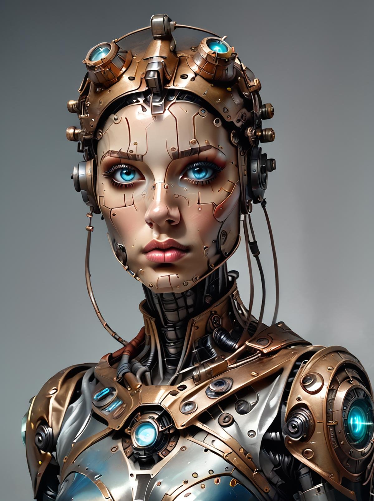 score_9, score_8_up, score_7_up,BREAK overalldetail, <lora:steampunk:0.8>,steampunk,automaton,, 1girl, solo, science fiction, realistic, blue eyes, lips, looking at viewer, armor, robot, upper body, 