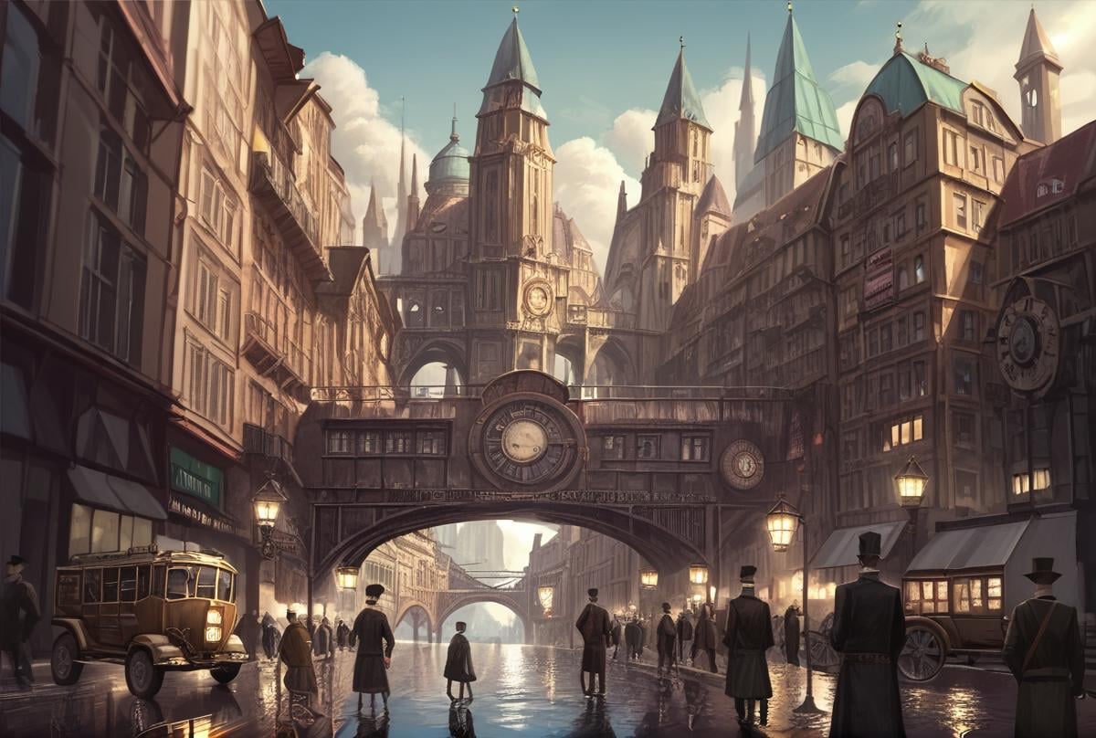 score_9, score_8_up, score_7_up,BREAK overalldetail, <lora:steampunk:0.8>,steampunk,clockwork,, scenery, hat, multiple boys, 6+boys, ground vehicle, city, building, people, lamppost, bridge, outdoors, water,