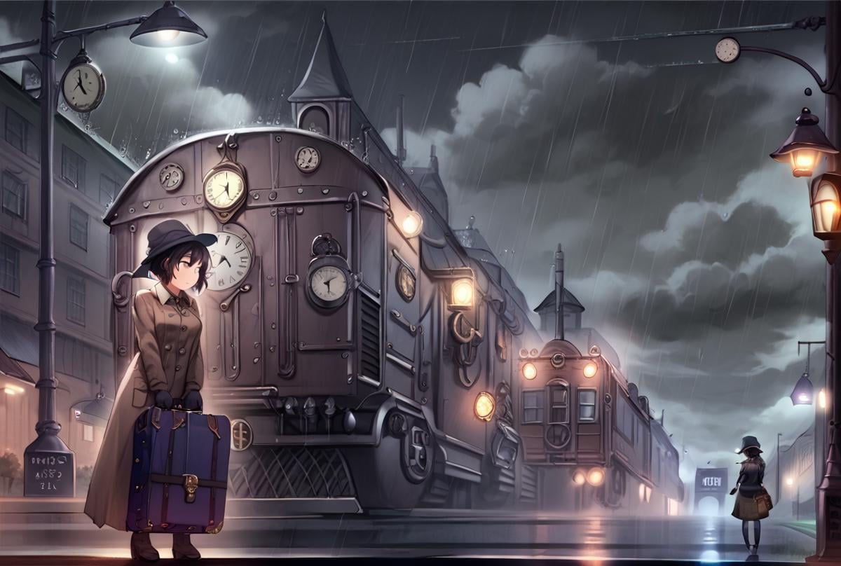 score_9, score_8_up, score_7_up,BREAK overalldetail, <lora:steampunk:0.8>,steampunk,steampunk anime,, 1girl, rain, hat, train, gloves, solo, clock, short hair, train station, suitcase, ground vehicle, night, pantyhose, cloud, outdoors, steampunk, clock tower, sky, cloudy sky, lamppost, coat, railroad tracks, black hair, black gloves, building, 
