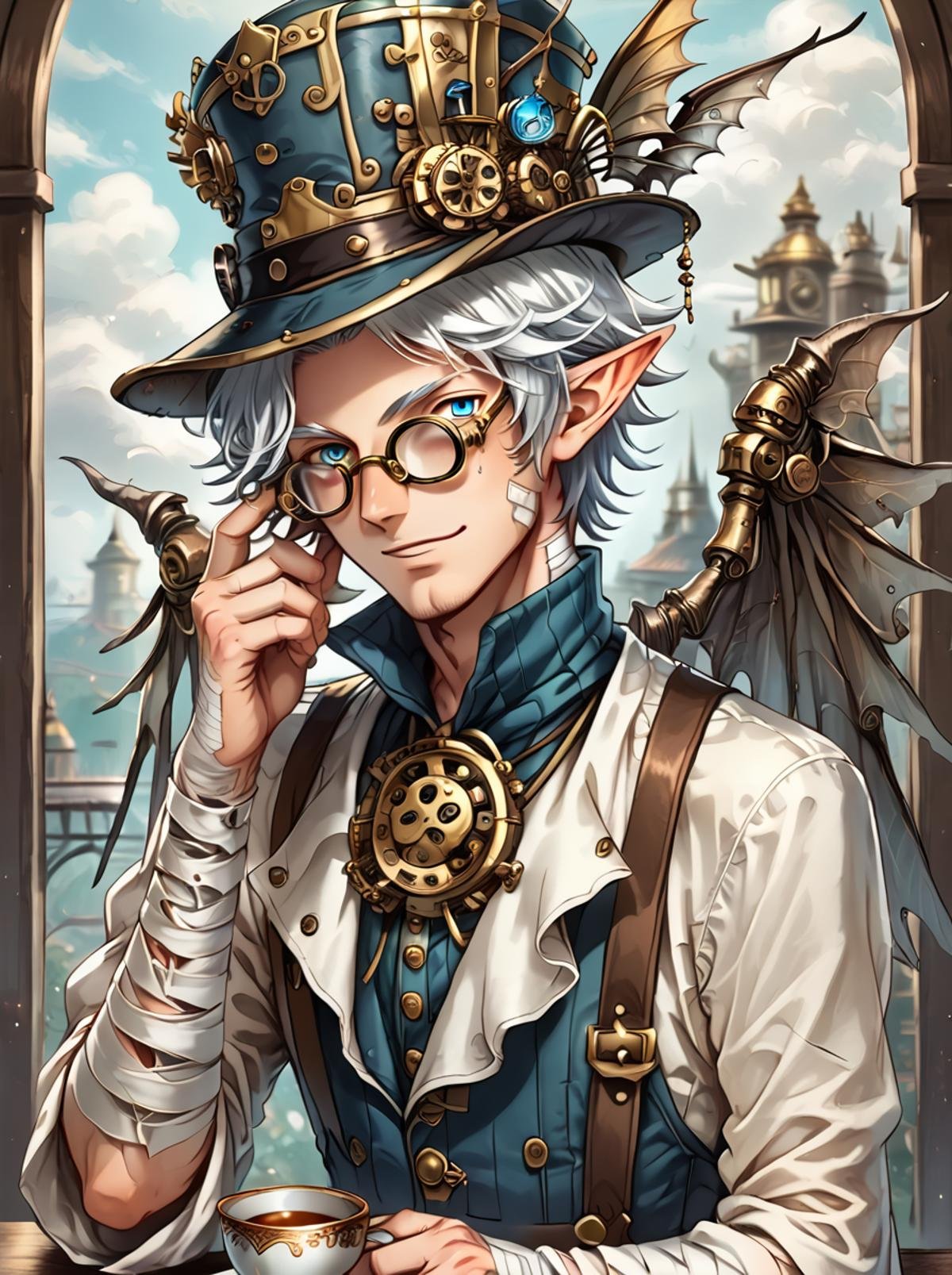 score_9, score_8_up, score_7_up,BREAK overalldetail, <lora:steampunk:0.8>,steampunk,steampunk anime,, 1boy, male focus, pointy ears, hat, solo, cup, glasses, smile, bandages, blue eyes, teacup, white hair, horns, looking at viewer, wings, 