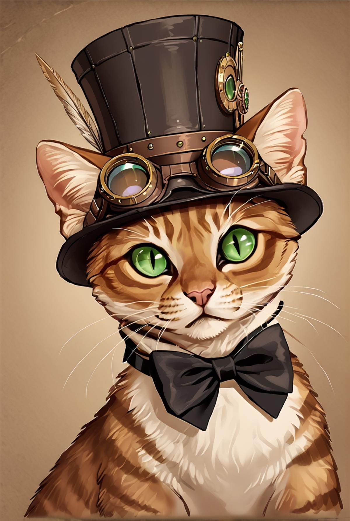 score_9, score_8_up, score_7_up,BREAK overalldetail, <lora:steampunk:0.8>,steampunk,steampunk animal,, no humans, slit pupils, hat, cat, goggles, bowtie, bow, signature, animal focus, animal, green eyes, black bow, looking at viewer, black bowtie, solo, clothed animal, top hat, brown background, goggles on headwear, black headwear,
