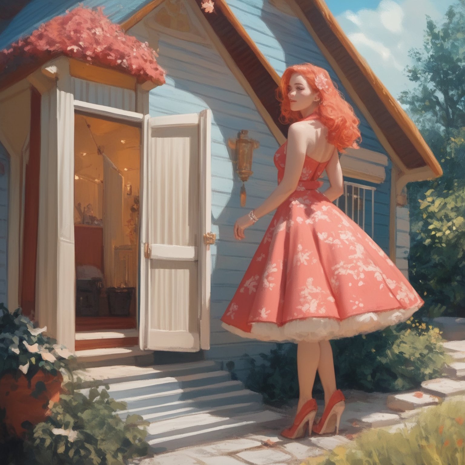 score_9, score_8_up, score_7_up,
1girl, 25, wearing satin 1950s circle dress, standing in house