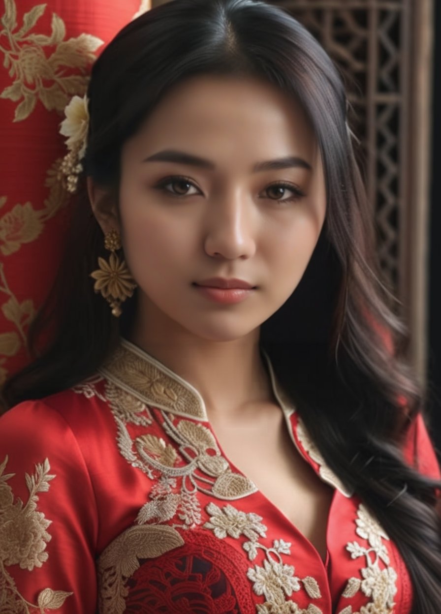 (masterpiece:1.4),(((half_body))), solo, 1girl, long hair, black hair, loking at viewer, wearing a red iconic tradisional kebaya, dramatic, best quality, Detailed and ultra realistic, 8k, sharp focus, studio lighting, High resolution, High detail, remarkable color, wendy