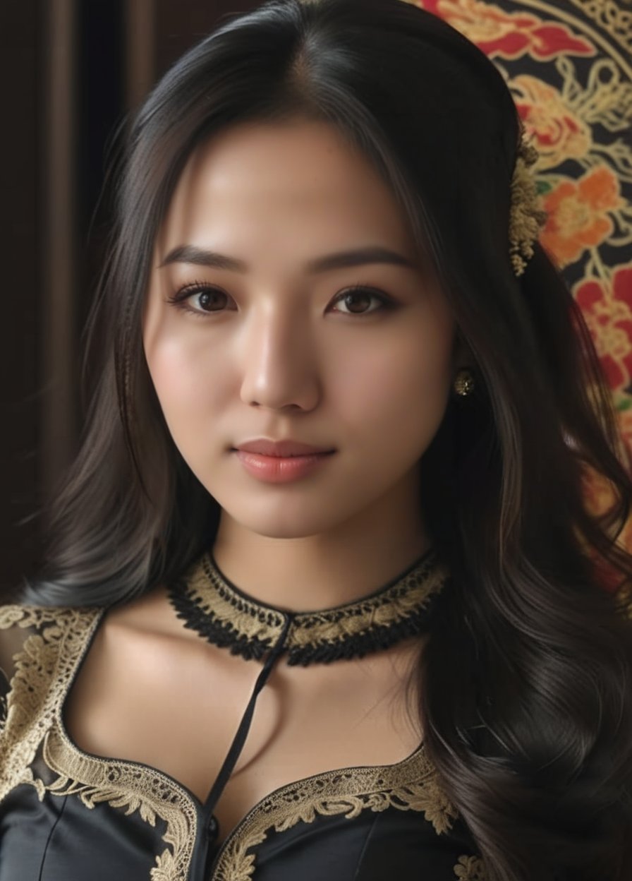 (masterpiece:1.4),((())), solo, 1girl, long hair, black hair, loking at viewer, wearing a black iconic tradisional kebaya, dramatic, best quality, Detailed and ultra realistic, 8k, sharp focus, studio lighting, High resolution, High detail, remarkable color, wendy