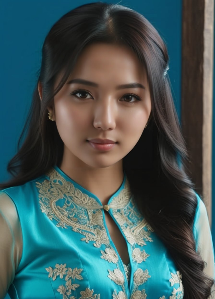(masterpiece:1.4),(((half_body))), solo, 1girl, long hair, black hair, loking at viewer, wearing a cyan blue iconic tradisional kebaya, dramatic, best quality, Detailed and ultra realistic, 8k, sharp focus, studio lighting, High resolution, High detail, remarkable color, wendy