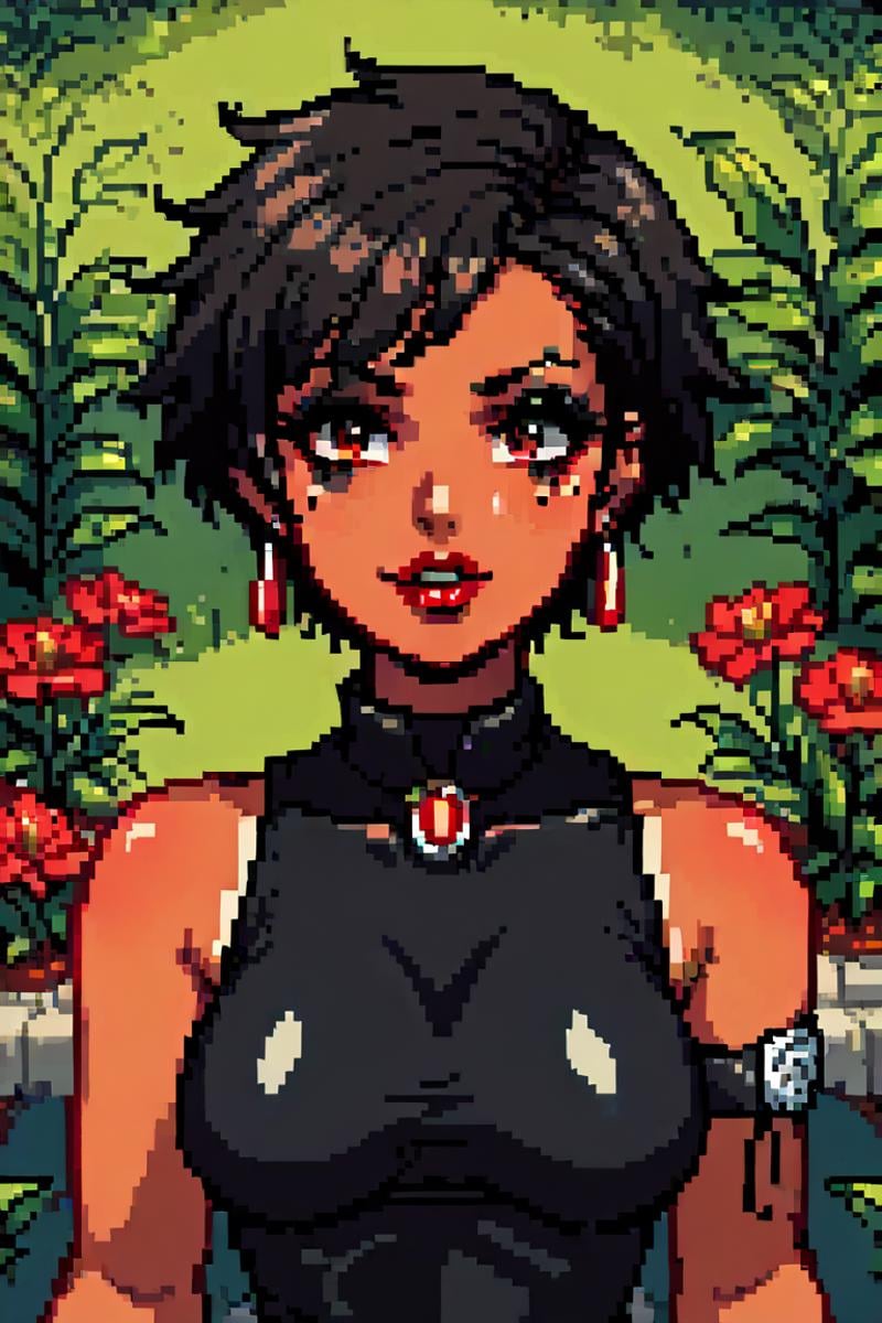 score_9, score_8_up, score_7_up, high quality, 1girl, red lipstick, black makeup, short hair, garden, 25-year-old party girl