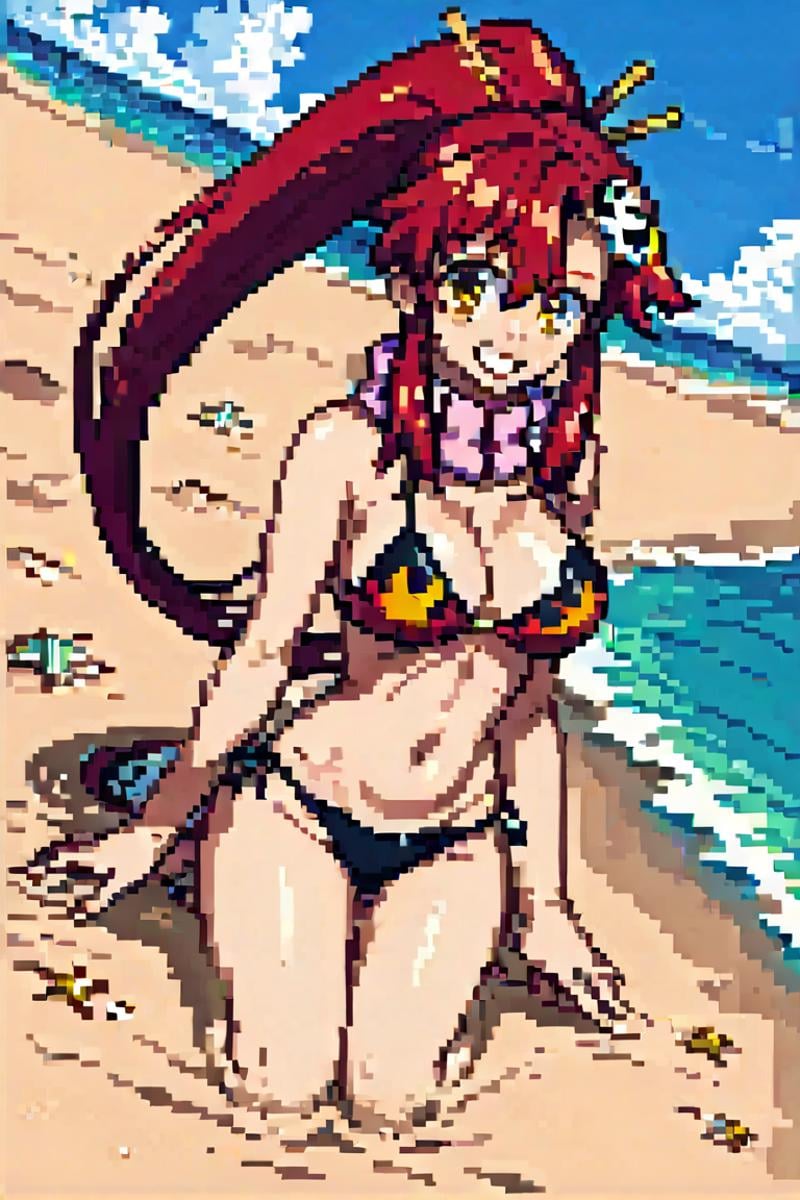 score_9, score_8_up, score_7_up, score_6_up, score_5_up, score_4_up, BREAK source_anime,1girl, clothed, yoko littner, v, in beach, sunny , sea, sand, sun, by nilsunna, looking at viewer, happy, dutch angle, curvy