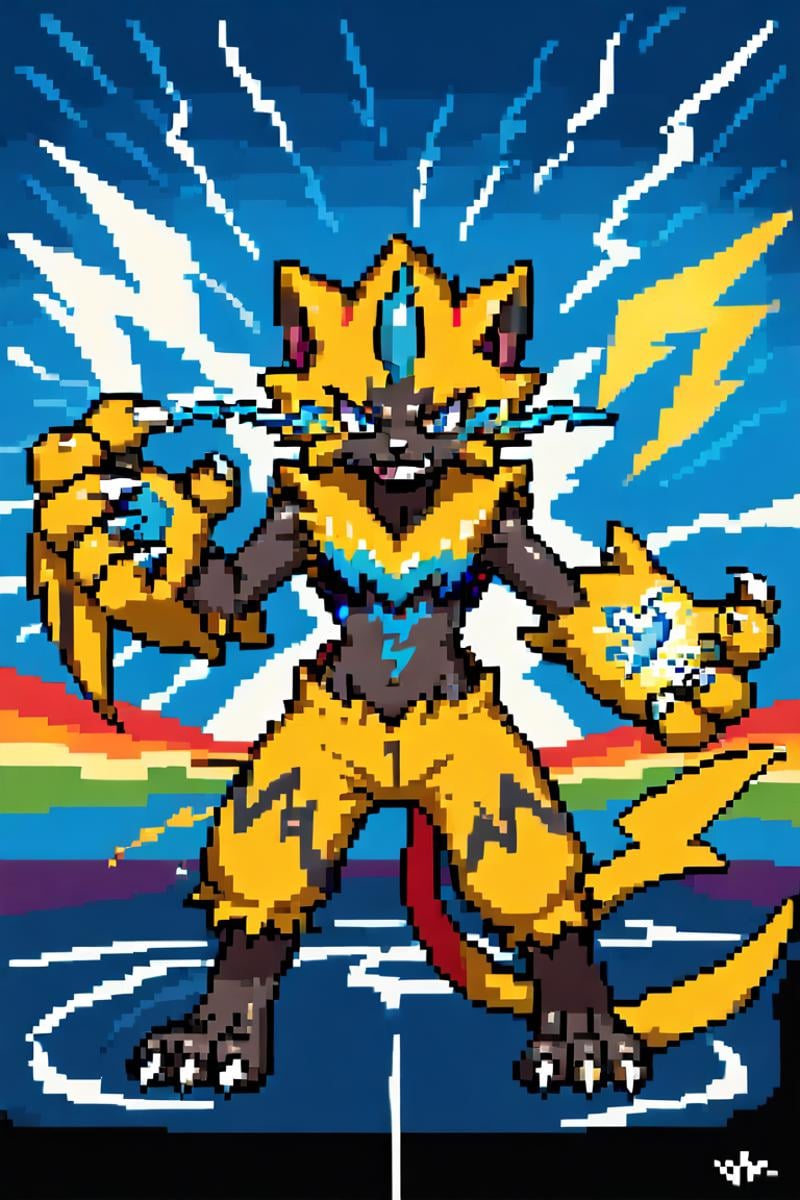 score_9, score_8_up, score_7_up,  source_furry, rating_safe, Zeraora from pokemon, sharp claws, (lightning from hands, lightning effects from hand, electric lightning from hands, thunder from hands, sparkles from claws, claw attack, claw attack effect, lightning bursts from hands:1.3), smirk, in combat, battle stance, (rainbow background:1.2)