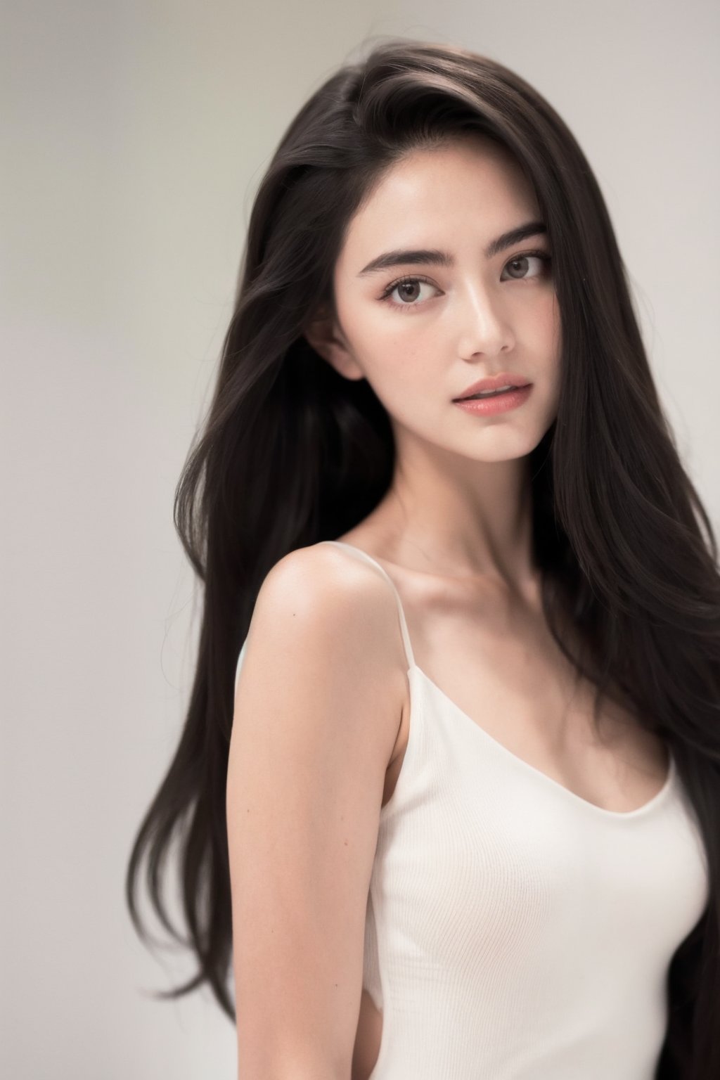 portrait of davika, long straight hair, white dress, off_shoulders, perfect slim model body shape, simple background ,davika, closeup