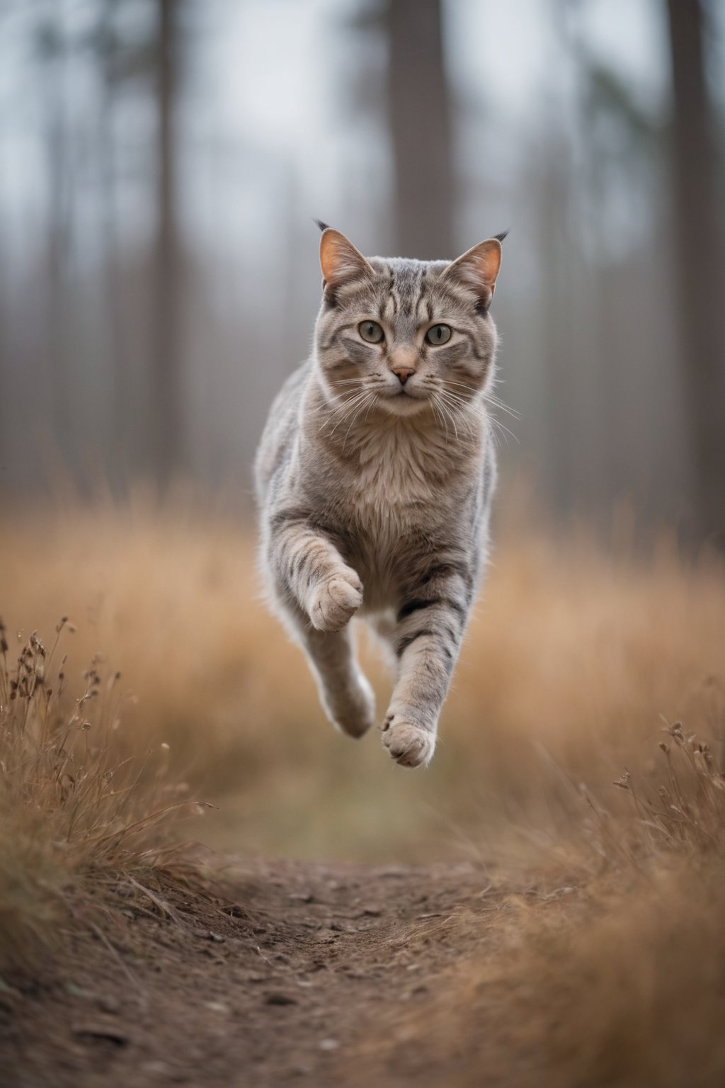 Majestic cat in flight, natural light highlighting subtle textures, smooth bokeh background merging cool blues and soft earth tones, expert use of shutter speed freezing delicate movement, absence of human interference, pure wilderness portrayal, optical excellence revealing minute details, film photography aesthetic, vibrant, whimsical