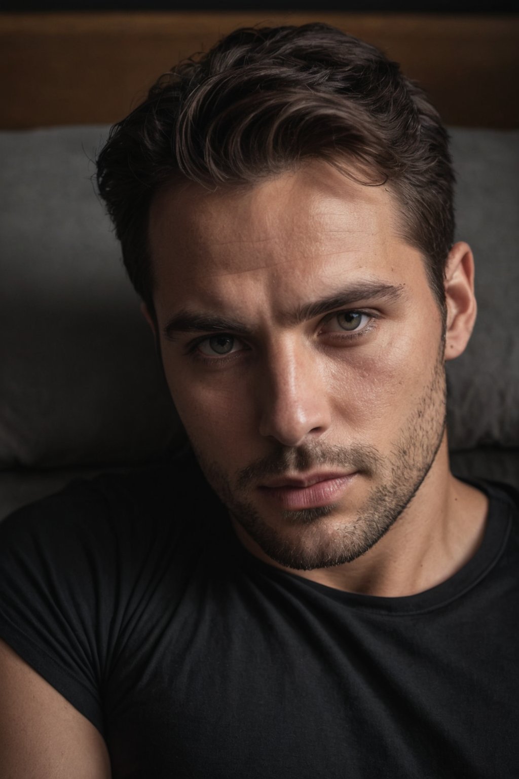 High quality, photo of a 30 yo European man, wearing a black shirt, serious face, detailed face with visible skin pores, lying down, cinematic shot, dramatic lighting
