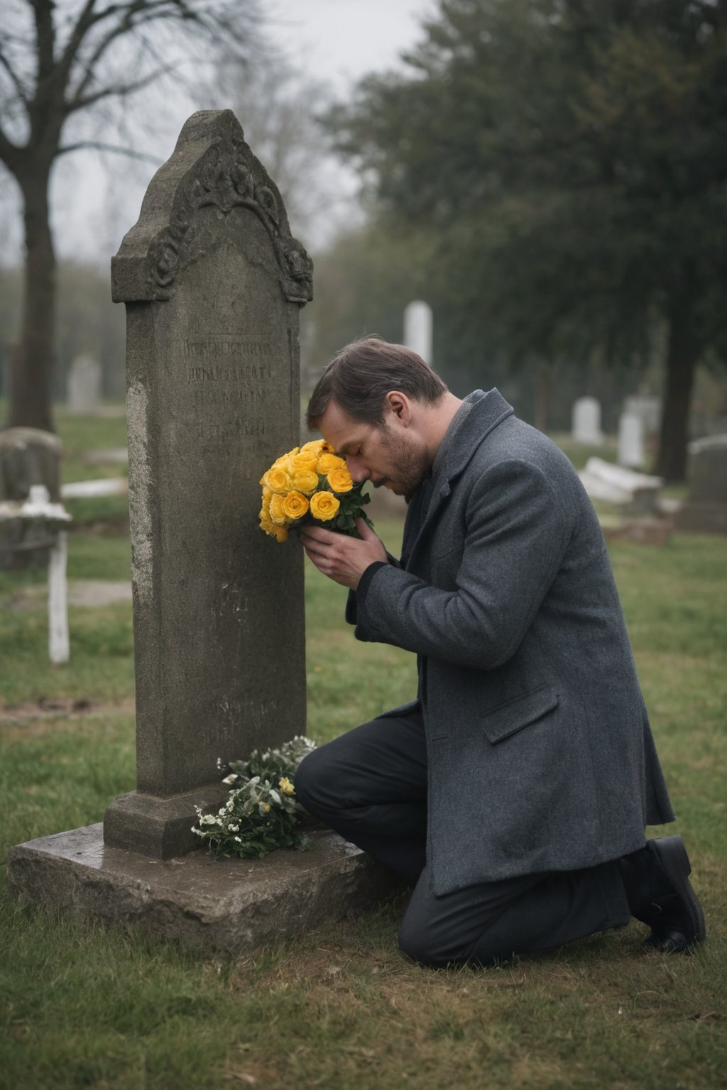 A man kneeling by a gravestone, his face etched with profound pain and sorrow, weathered gravestone adorned with flowers, delicate ethereal wisp of a spirit hovering above, tranquil overcast cemetery, stillness broken by the man's grief and the spirit's presence, intricate natural lighting, depth of field, photorealistic, realism, art photography, atmospheric perspective, diffusion, pore correlation, skin imperfections, Nikon D850, 80mm Sigma f2, high quality, sharp focus, breathtaking, masterpiece, best quality,