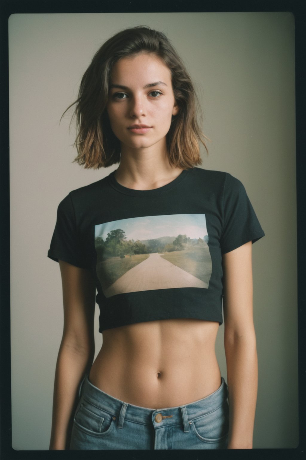 Portrait of a beautiful slim alternative 20 year old ,  midriff t-shirt,  shot on polaroid, analog, film photograpy, film grain,