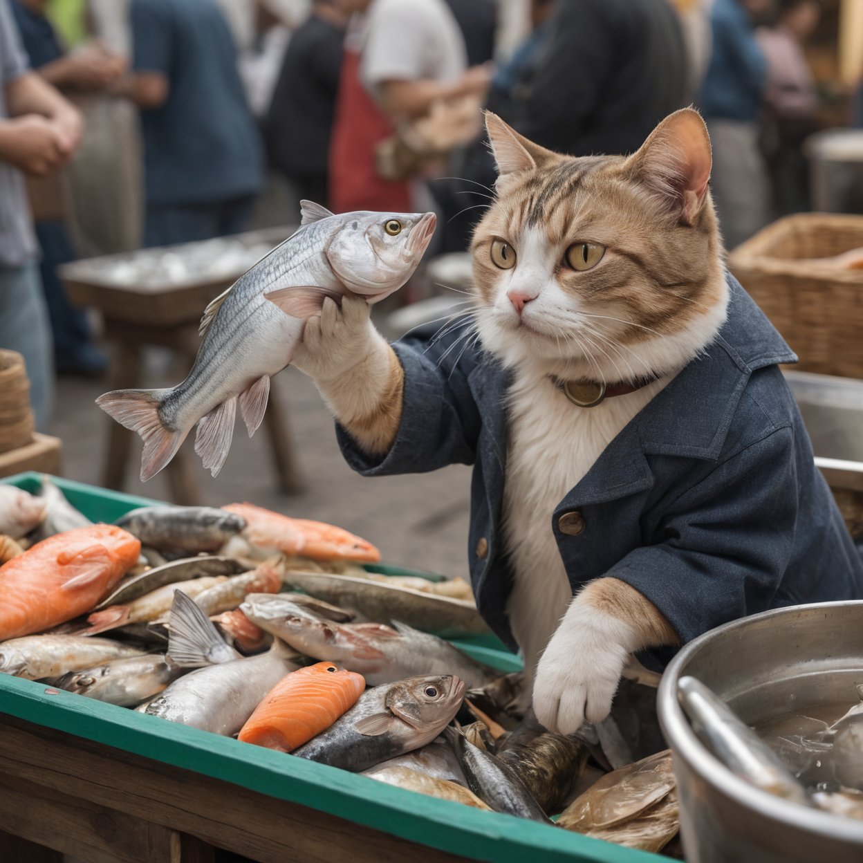 image of a hand offering money to a fishmonger cat, holding fish, ultra detailed, at the market, 