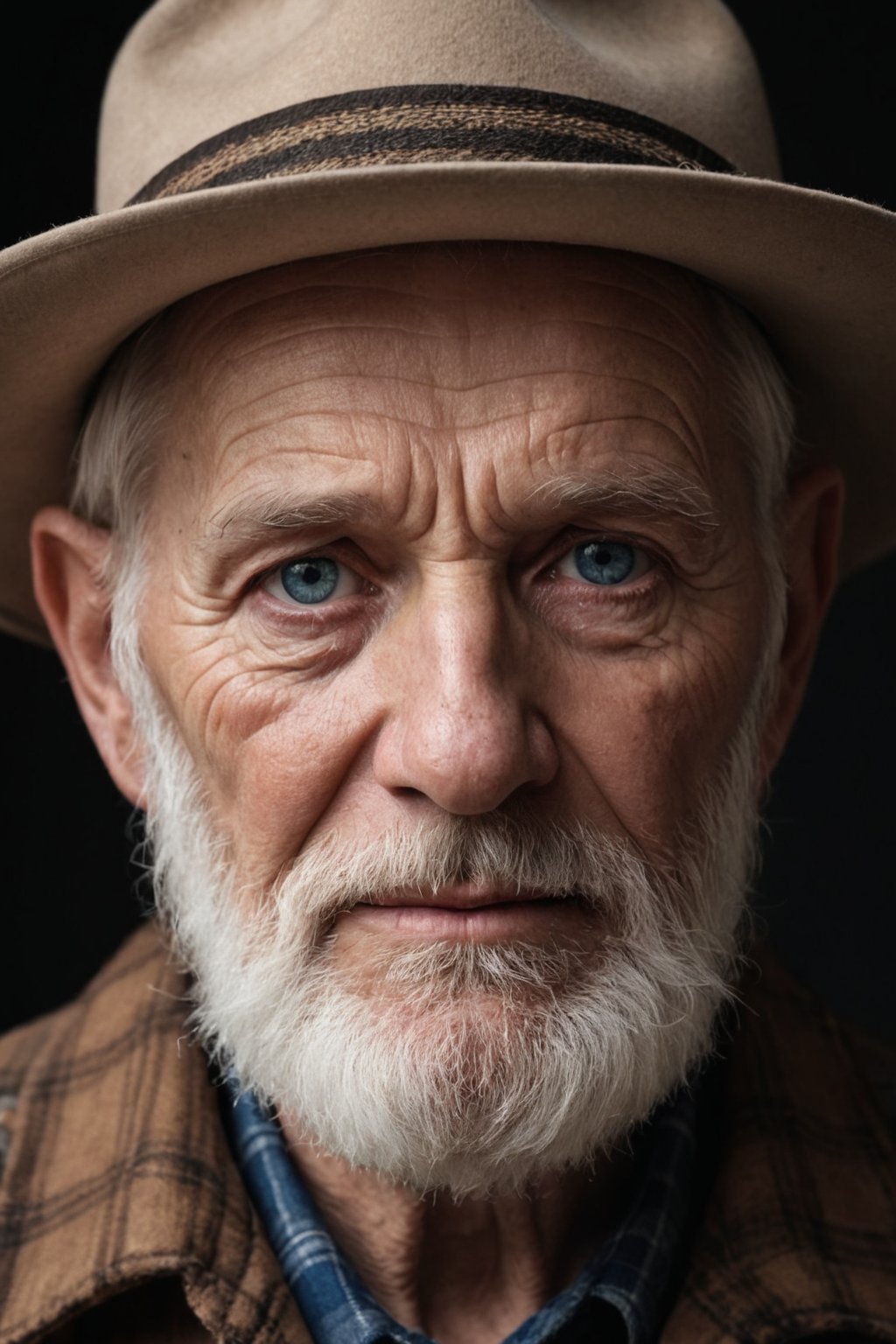 Hyperrealistic fine art photography, film photography aesthetic, dark background emphasizing facial features, intense close-up portrait of an elderly man with piercing blue eyes, weathered skin, pronounced wrinkles, white full beard, stern expression, wearing a brown felt hat and plaid shirt with visible collar, natural lighting accentuating skin texture, high contrast and sharp detail, emphasis on character and emotion, vibrant, whimsical