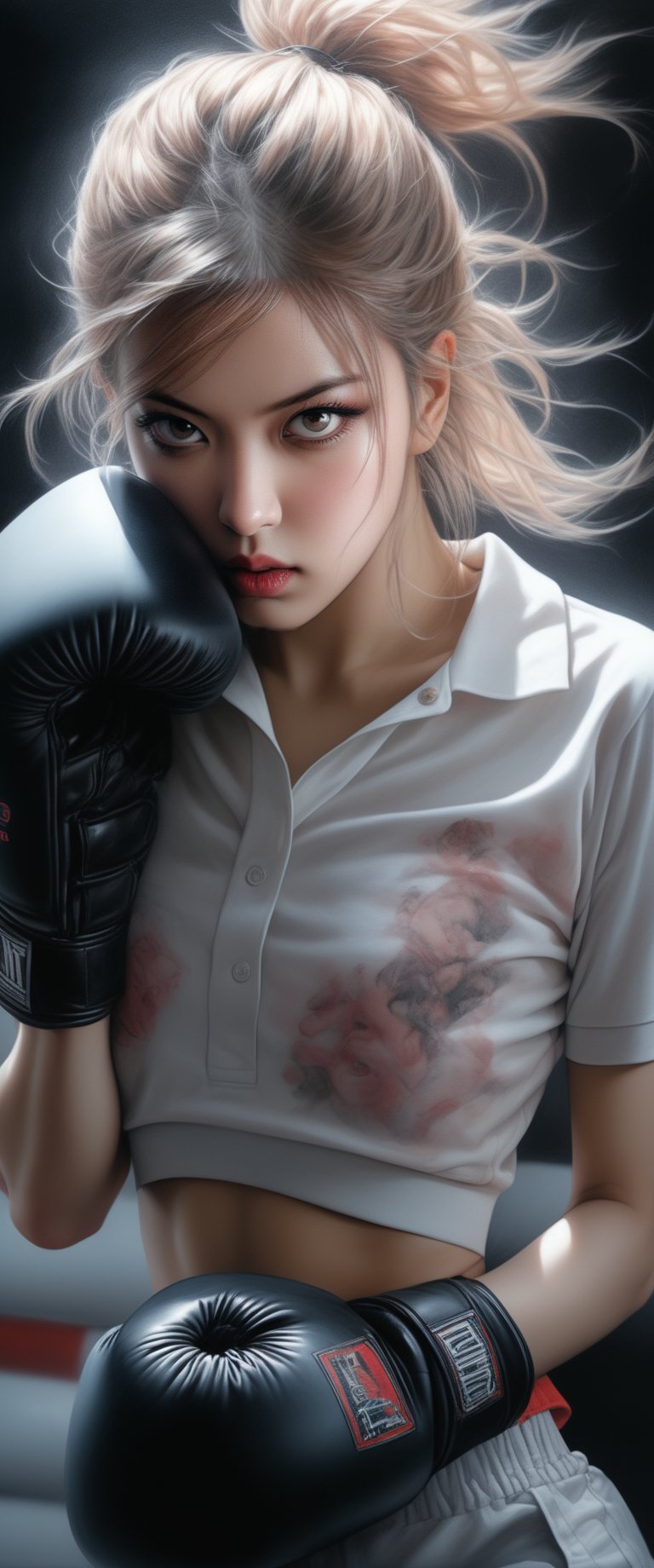 hyper realistic, photo realistic, (close up), comic style, , dark spring, dark kawaii, in a polo biker shorts, ((wearing large boxing gloves)), ,  triple exposure, perfect fingers, perfect body, japanese ink, immaculate composition, dynamic pose, brian viveros, katsuya terada, esao andrews, anne stokes, dynamic pose, dynamic light and shadow, hyperrealism,ct-jeniiii