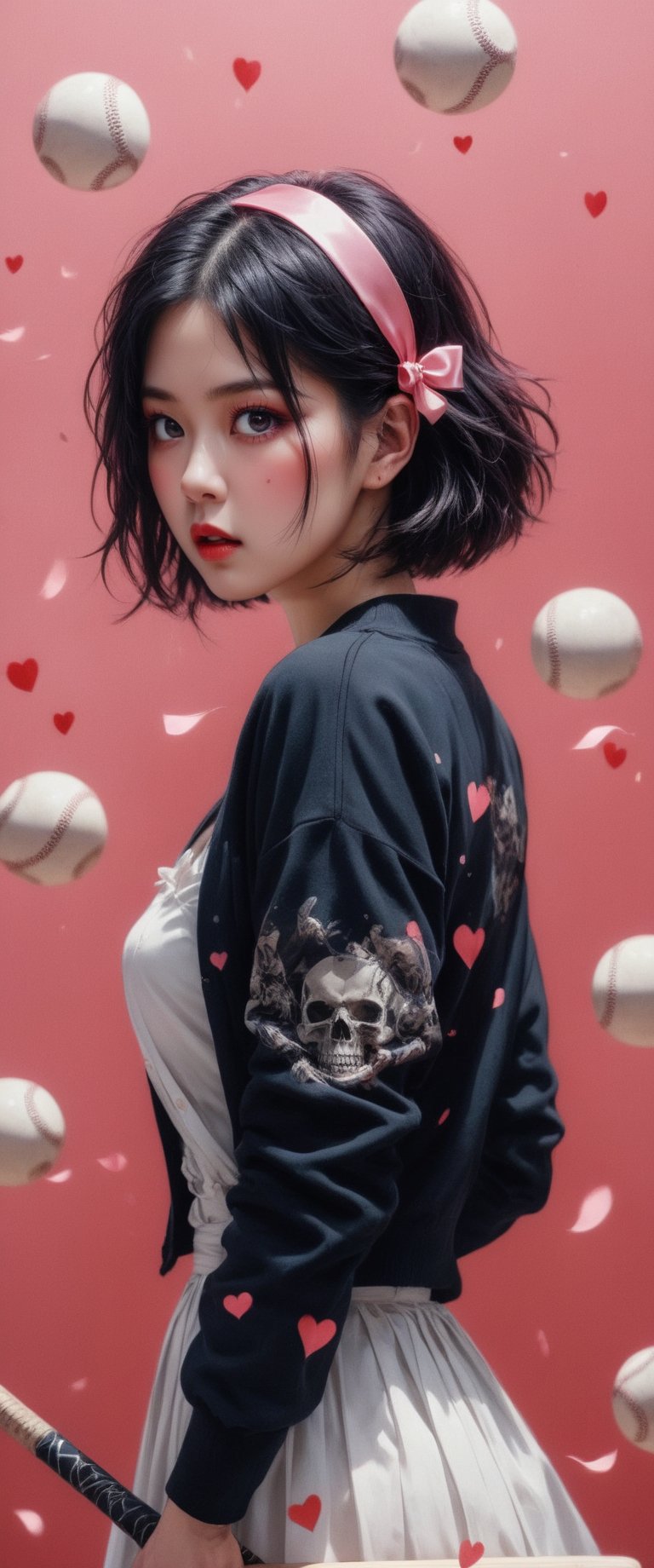 breathtaking ethereal RAW photo of female, ((best quality, 1girl, black hair, hair ornament, hairclip, black eyes, short hair, , black cardigan, cardigan, white dress, red ribbon, , angry,holding baseball bat, baseball bat, blushing, looking at viewer, hearts, sparkles, pink background, 5 fingers, perfect hands )), dark and moody style, perfect face, outstretched perfect hands. masterpiece, professional, award-winning, intricate details, ultra high detailed, 64k, dramatic light, volumetric light, dynamic lighting, Epic, splash art .. ), by james jean $, roby dwi antono $, ross tran $. francis bacon $, michal mraz $, adrian ghenie $, petra cortright $, gerhard richter $, takato yamamoto $, ashley wood, tense atmospheric, , , , sooyaaa,IMGFIX,Comic Book-Style,Movie Aesthetic,action shot,photo r3al ,bad quality image,oil painting, cinematic moviemaker style,Japan Vibes,H effect,koh_yunjung ,koh_yunjung,kwon-nara,sooyaaa,colorful,bones,skulls,armor,han-hyoju-xl ,DonMn1ghtm4reXL, ct-fujiii,ct-jeniiii, ct-goeuun,mad-cyberspace,FuturEvoLab-mecha,cinematic_grain_of_film,a frame of an animated film of,score_9,3D,style akirafilm,Wellington22A,Mina Tepes,lucia:_plume_(sinful_oath )_(punishing:_g,VAMPL, FANG-L ,kizuki_rei, ct-eujiiin,Jujutsu Kaisen Season 2 Anime Style,ChaHaeInSL,Mavelle,Uguisu Anko,Zenko
