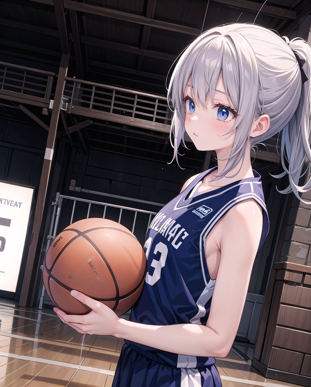 (masterpiece),  1girl, ponytail, basketball uniform,  dynamic angle