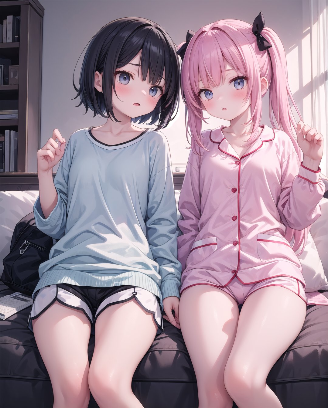 (masterpiece), 2girls, pajama, short_pants