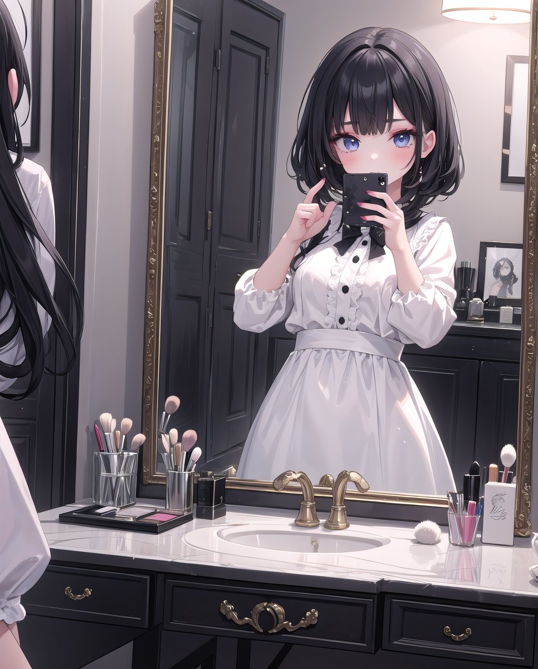 (masterpiece), 1girl, makeup, mirror, reflection