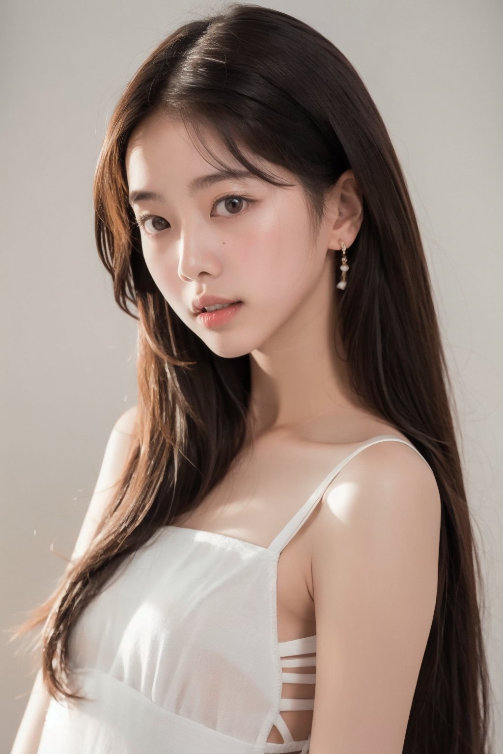 portrait of rjh, korean girl , white dress, long hair , simple background, model pose, small and skinny body shape , soft portrait lighting 