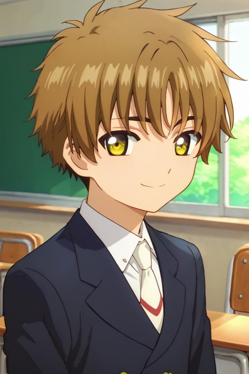 score_9,score_8_up,score_7_up,source_anime,looking at viewer, solo, 1boy, upper body,Li Syaoran, brown hair, yellow eyes, school_uniforms, smile, classroom<lora:EMS-394891-EMS:1.000000>