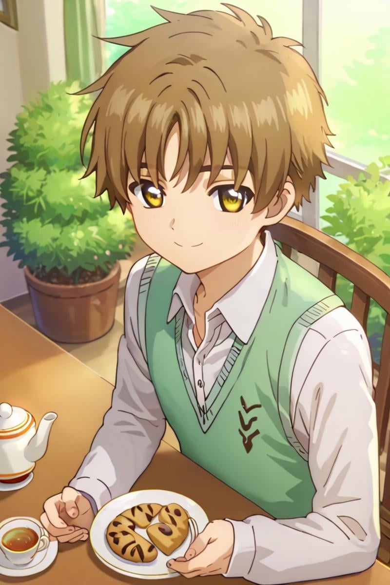 score_9,score_8_up,score_7_up,source_anime,looking at viewer, solo, 1boy, upper body,Li Syaoran, brown hair, yellow eyes,sweater vest,collared shirt,indoors, sitting, chair, table, food, tea cup, smile, cookies, cake<lora:EMS-394891-EMS:1.000000>