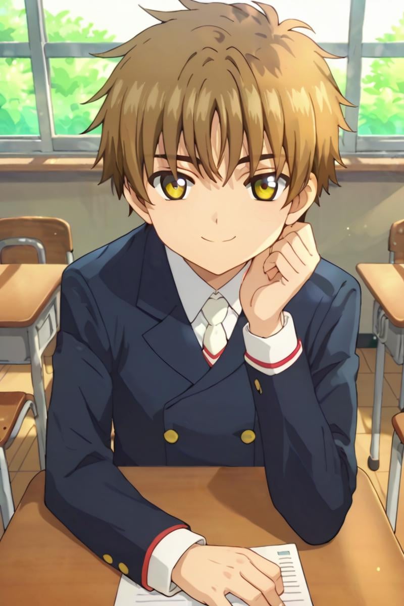 score_9,score_8_up,score_7_up,source_anime,looking at viewer, solo, 1boy, upper body,Li Syaoran, brown hair, yellow eyes, school_uniforms, smile, classroom, table, chair<lora:EMS-394891-EMS:1.000000>