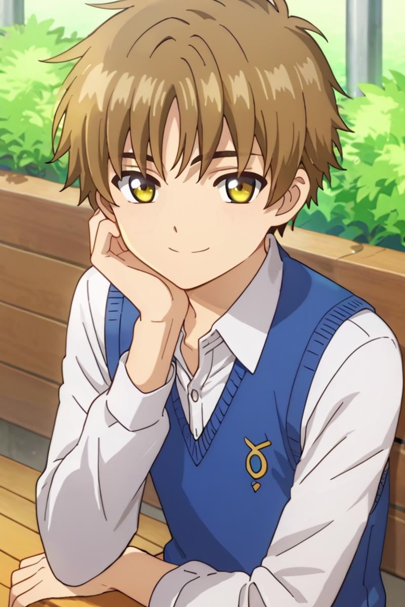 score_9,score_8_up,score_7_up,source_anime,looking at viewer, solo, 1boy, upper body,Li Syaoran, brown hair, yellow eyes, sweater vest,collared shirt, smile, sitting<lora:EMS-394891-EMS:0.800000>