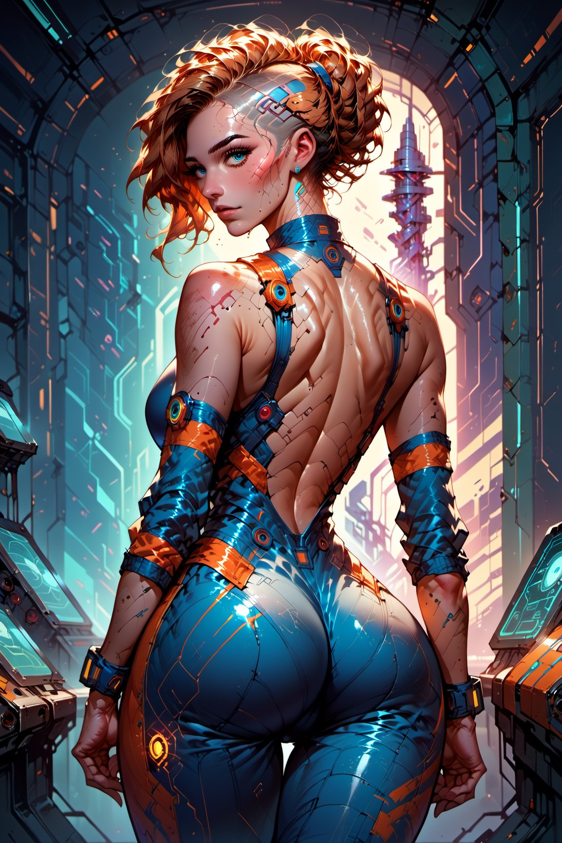 score_9, score_8_up, score_7_up, beautiful girl engineer. stripes, cute face. wearing futuristic jumpsuit. dirty skin, skinny. engine room of a spaceship. detailed background. medium chest. indoor, from back, looking back. sweating. holographic terminals. Huge hip. Spaceship background,n304rt