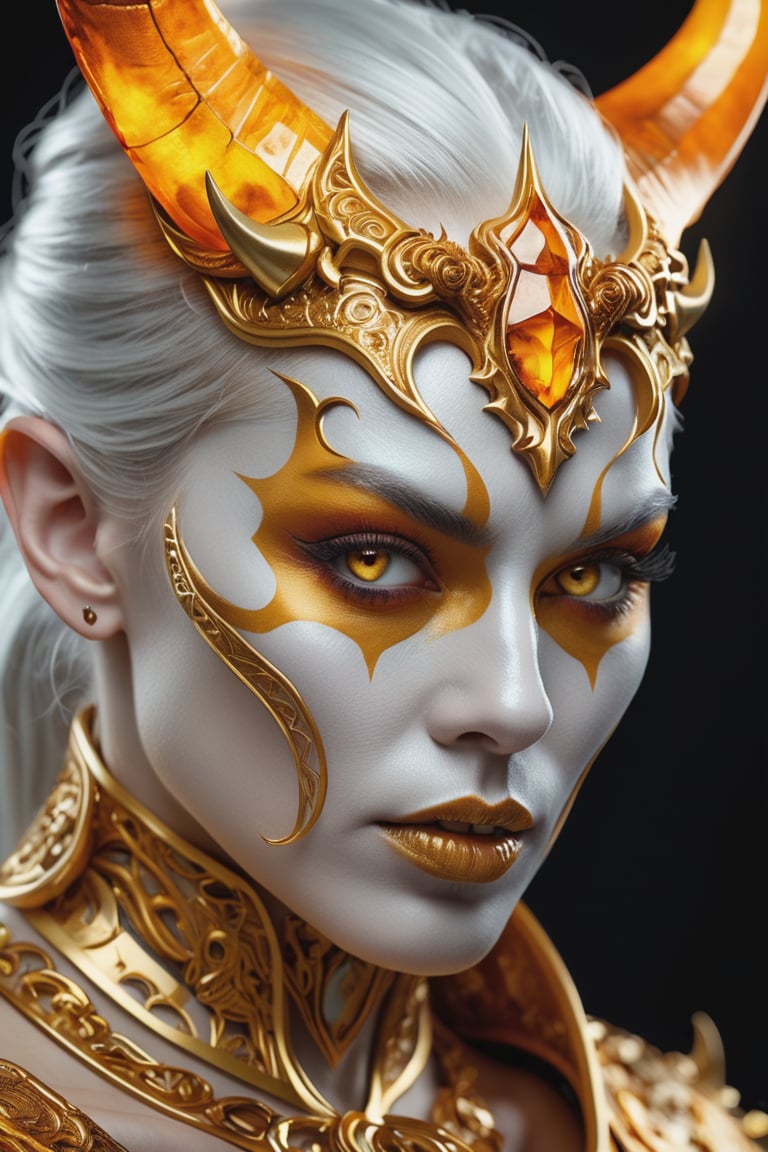 the face of a woman dressed in demon attire, in the style of light gray and light gold, vibrant illustrations, intricately sculpted, realistic hyper-detailed portraits, white and amber, queencore, depicts real life Wide range of colors., Dramatic,Dynamic,Cinematic,Sharp details Insane quality. Insane resolution. Insane details. Masterpiece. 32k resolution. insane details, (exquisitely beautiful), high definition, intricate design, brilliant composition,