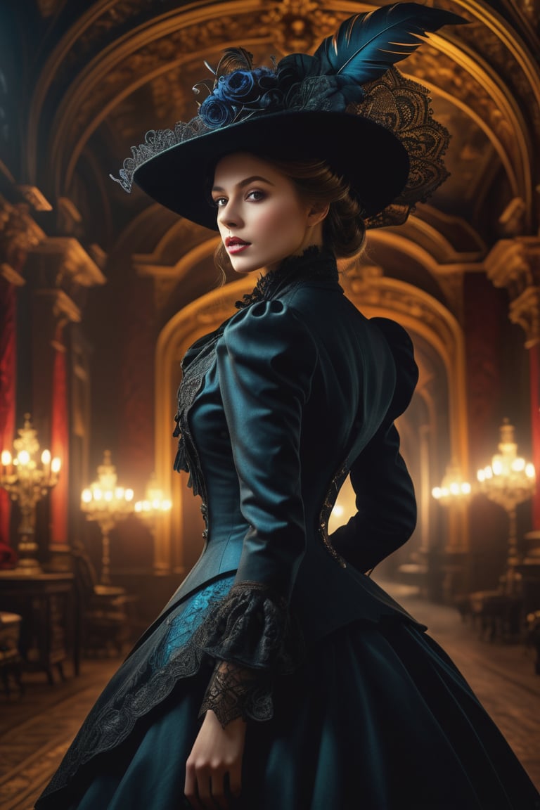 full body, (fine art photography, realistic), (dynamic angle),, sharp focus, volumetric, insane ornate, cconcept art, Dark fantasy, victorian gorgeous young lady wearing hat, Infuse the artwork with an atmosphere of mysterious elegance and daring adventure, spirit of Victorian-era, mysterious, epic, cinematic, digital art, 3d rendering, concept art. ,cinematic light, (newest ai-generated), best shadow, (fine digital artwork), high contrast, (best illumination, extremely delicate and beautiful), (finely detailed beautiful eyes and detailed face), (vibrant colors), epic, 32k, insane details, (brilliant composition),