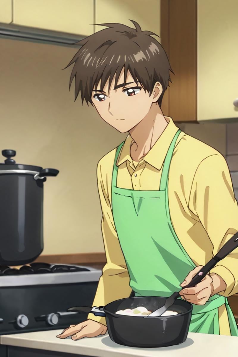 score_9,score_8_up,score_7_up,source_anime,1boy, solo,Touya Kinomoto,brown hair,brown eyes, apron, cooking,kitchen,cooking stove,pan, Ingredients, upper body<lora:EMS-395903-EMS:0.800000>