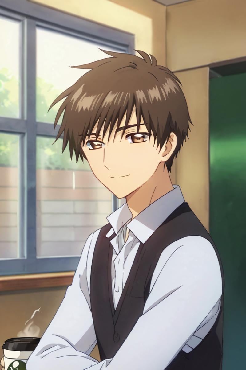 score_9,score_8_up,score_7_up,source_anime,1boy, solo,Touya Kinomoto,brown hair,brown eyes, looking at viewer, indoors, dress_shirt, vest, upper body, coffee shop, window, black vest, smile<lora:EMS-395903-EMS:1.000000>