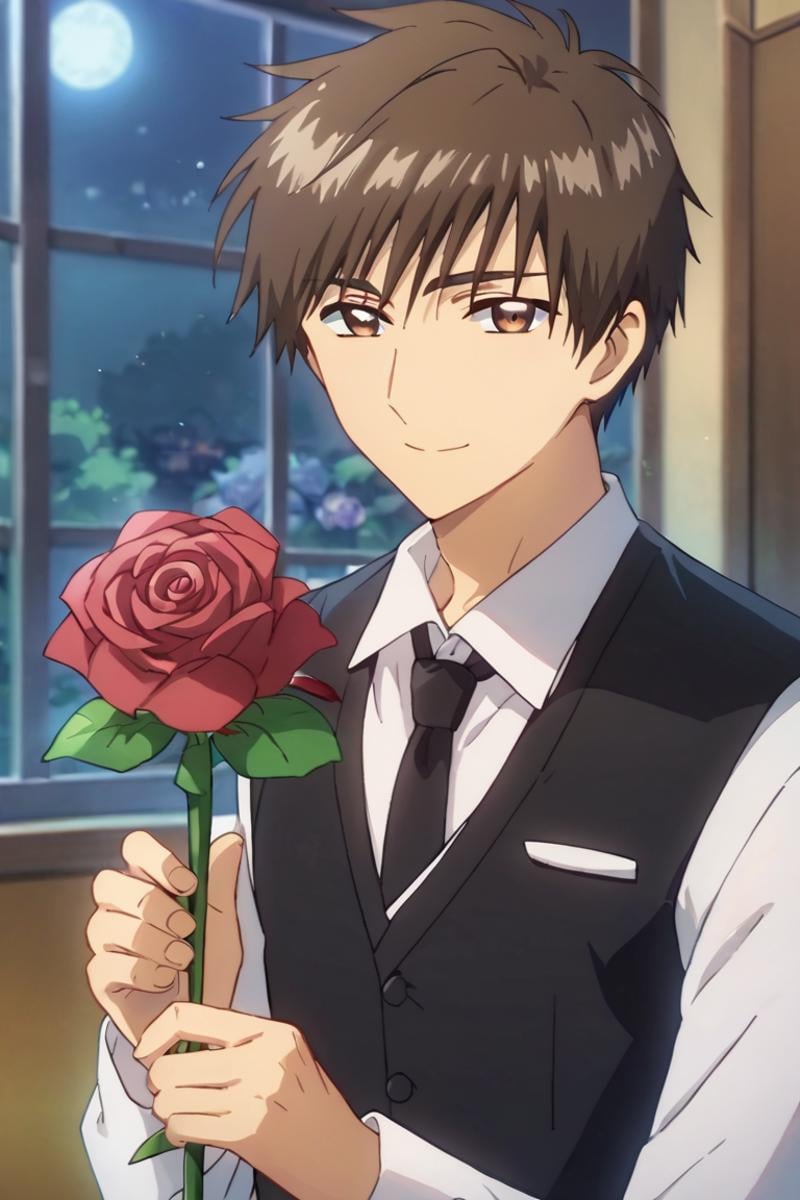 score_9,score_8_up,score_7_up,source_anime,1boy, solo,Touya Kinomoto,brown hair,brown eyes, looking at viewer, indoors, dress_shirt, vest, upper body, night, tuxedo, tie, flowers, holding flowers, smile, rose, facing_viewer<lora:EMS-395903-EMS:1.000000>