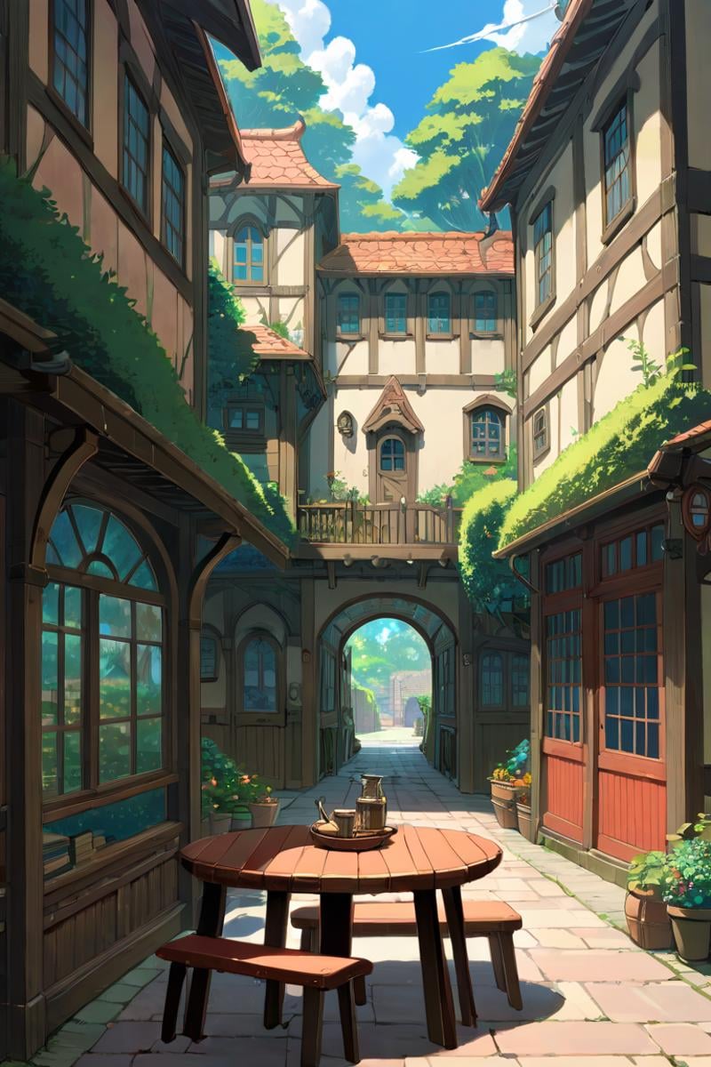 painting of a courtyard with a table and chairs and a bench,anime background art,relaxing concept art,anime scenery concept art,immensely detailed scene,a beautiful artwork illustration,detailed scenery,studio ghibli environment,environment design illustration,highly detailed scene,beautiful anime scene,anime scenery,detailed soft painting,ghibli studio style,environment painting,4esthet1c, <lora:AestheticSceneSDXL:0.8>