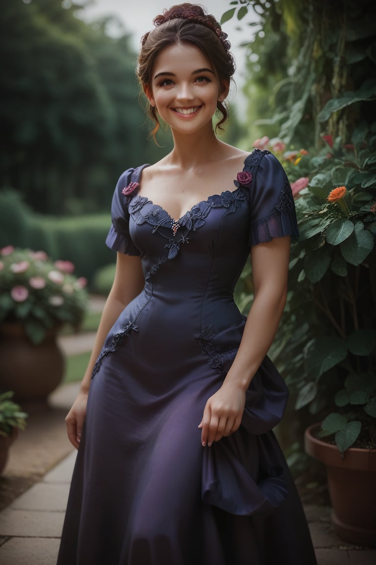 score_9, score_8_up, score_7_up,
colour  art
1girl, brunette, cute, in formal garden, sunny day, wearing purple_satin_bustle dress, turning to viewer, smiling
