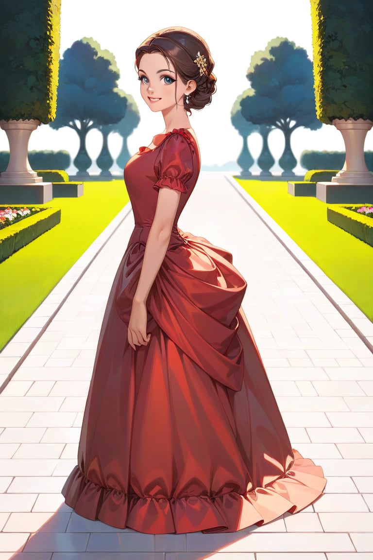 score_9, score_8_up, score_7_up,
colour  art
1girl, brunette, cute, side view, in formal garden, sunny day, wearing red_satin_bustle dress, turning to viewer, smiling,bustle dress
(((bright colours)))