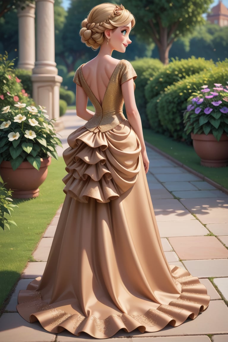 score_9, score_8_up, score_7_up,
colour  art, full height, 
1girl, blonde, cute, rear view, in formal garden, sunny day, wearing gold satin_bustle dress, dress ruched, turning to viewer, smiling,
(((bright colours))),bustle dress,disney pixar style