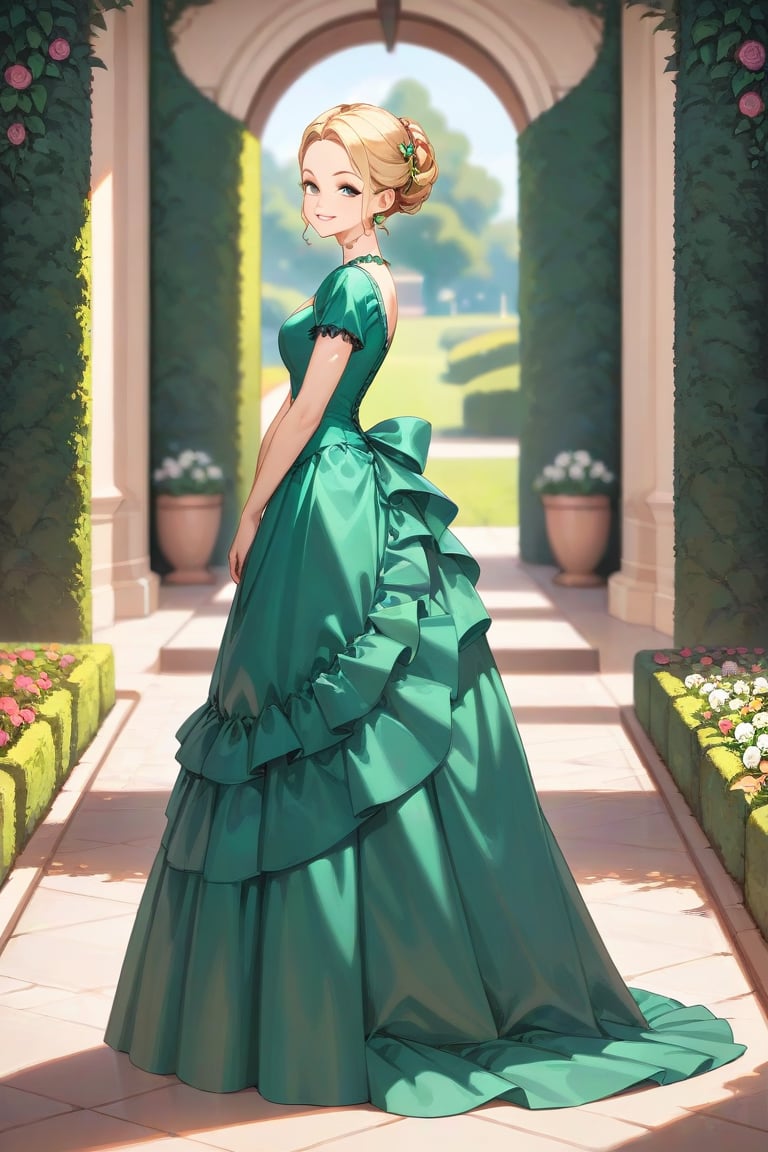 score_9, score_8_up, score_7_up,
colour  art
1girl, blonde, cute, side view, in formal garden, sunny day, wearing green embroidered ruched _satin_bustle dress, turning to viewer, smiling,bustle dress
(((bright colours)))