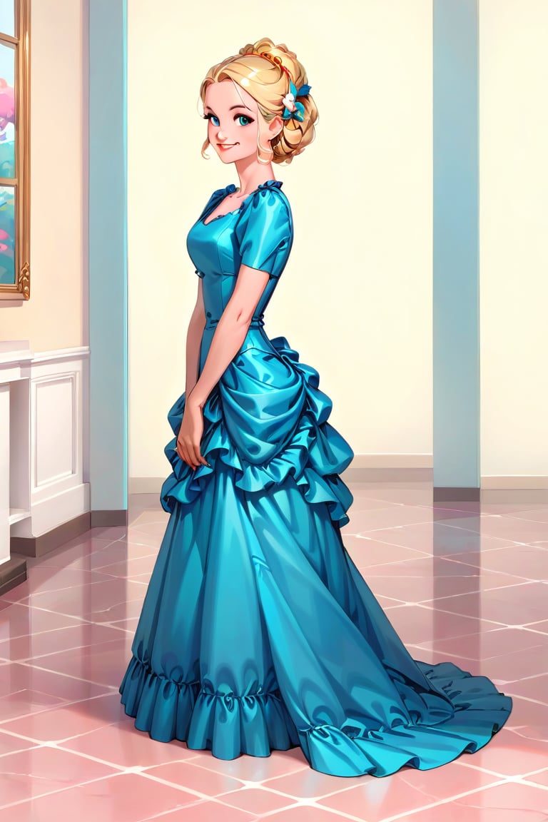 score_9, score_8_up, score_7_up,
colour  art
1girl, blonde, cute, side view, in formal garden, sunny day, wearing blue_satin_bustle dress, turning to viewer, smiling,bustle dress
(((bright colours)))